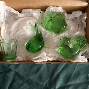 green art glass animal figurines, likely functioning as paperweights. Lot Of 4